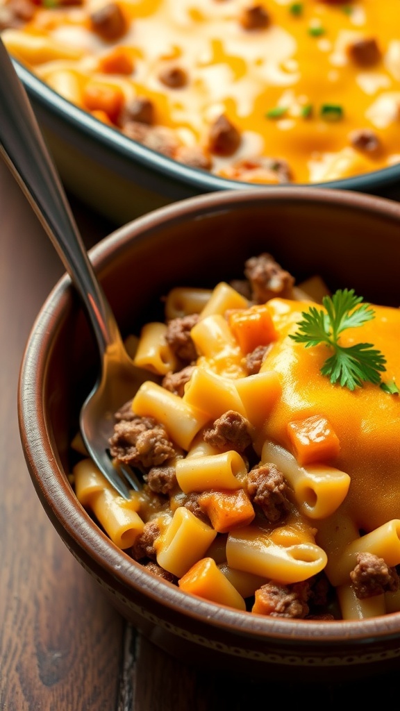 Cheesy hamburger casserole with Velveeta cheese, pasta, and ground beef, garnished with parsley in a rustic bowl.